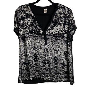 Bila Size XXL Black and White Beaded Blouse Sequins Embellished Semi Sheer Boho